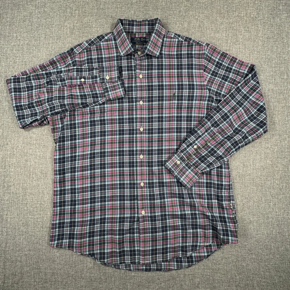 Polo Ralph Lauren Performance Flannel Mens‎ XL Navy Pink Plaid Classic Fit Shirt